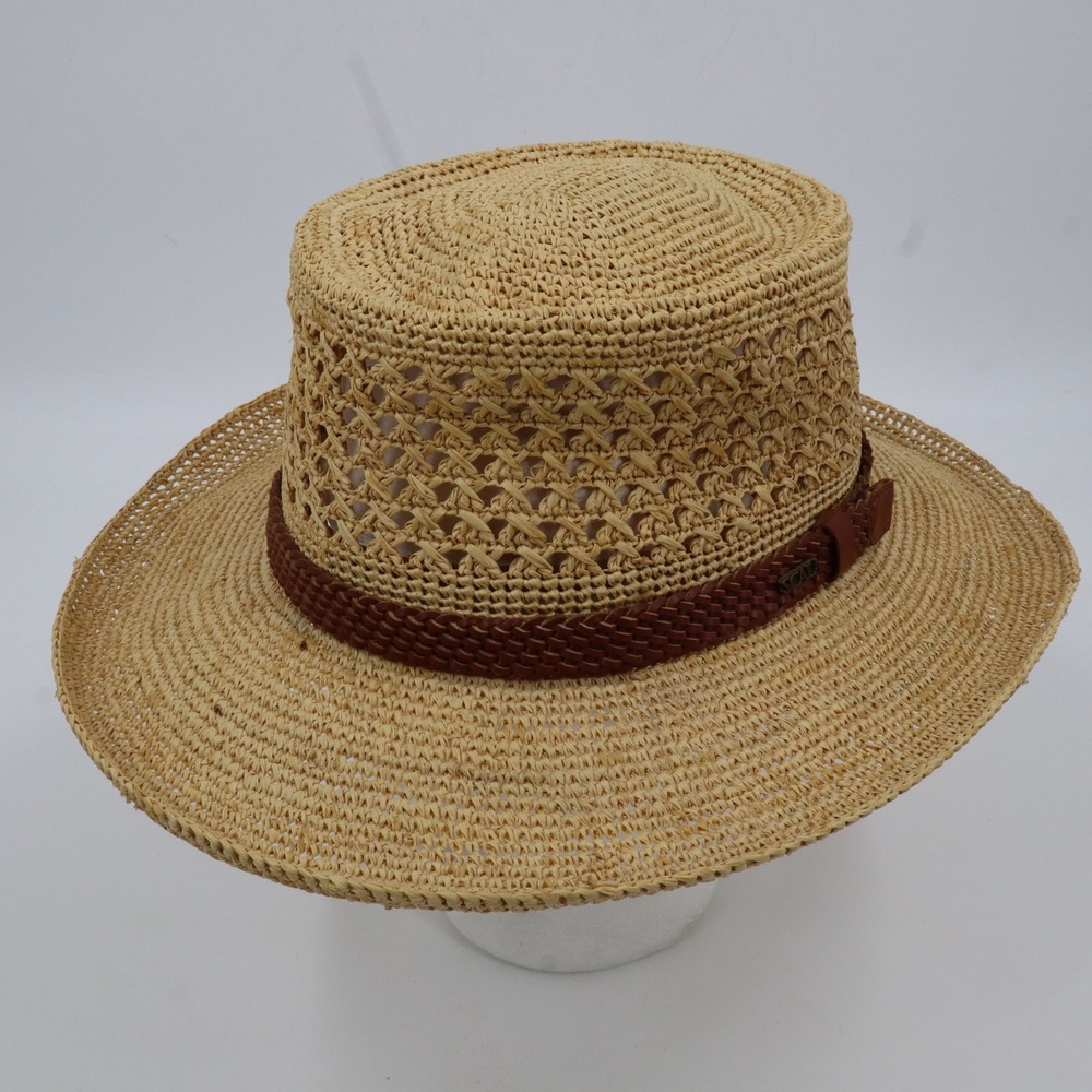 Scala Raffia Sun Hat Mens L/XL Natural Tan Hand Crocheted Braided Band Gambler